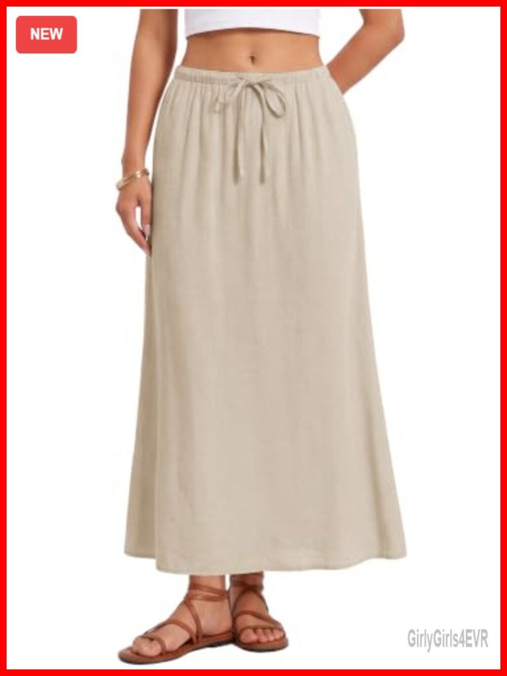 Linen Flared Maxi Skirt with Back Slit Ankle Length Elastic Waist Drawstring